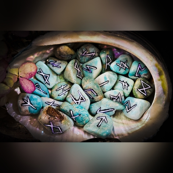 Amazonite Handmade Runestone Set - Nordic Heathen Runes - Pagan Alter Supplies - Picture 2 of 4